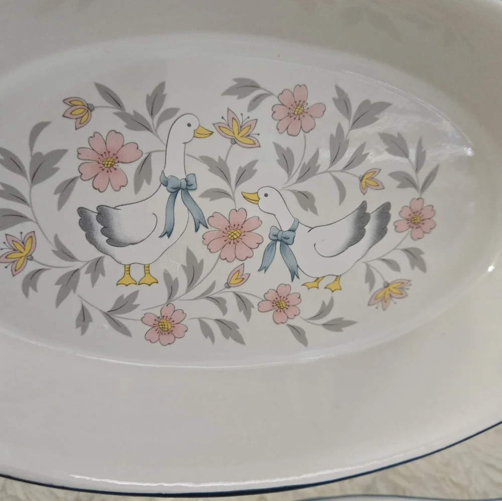 Vintage Stoneware Japan Baking Dish Goose Flowers Set Of Two